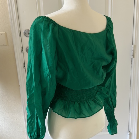 Medium M Emerald Green WAYF Blouse Top Cinched Waist Peplum - Picture 3 of 4